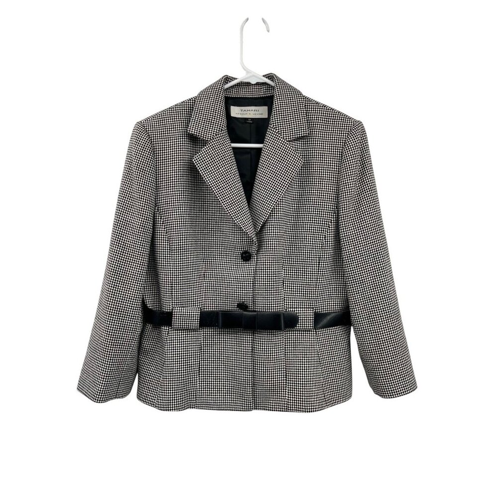 Tahari Houndstooth Suit Jacket Womens 12 Used Lined Belted Blazer - Picture 1 of 16